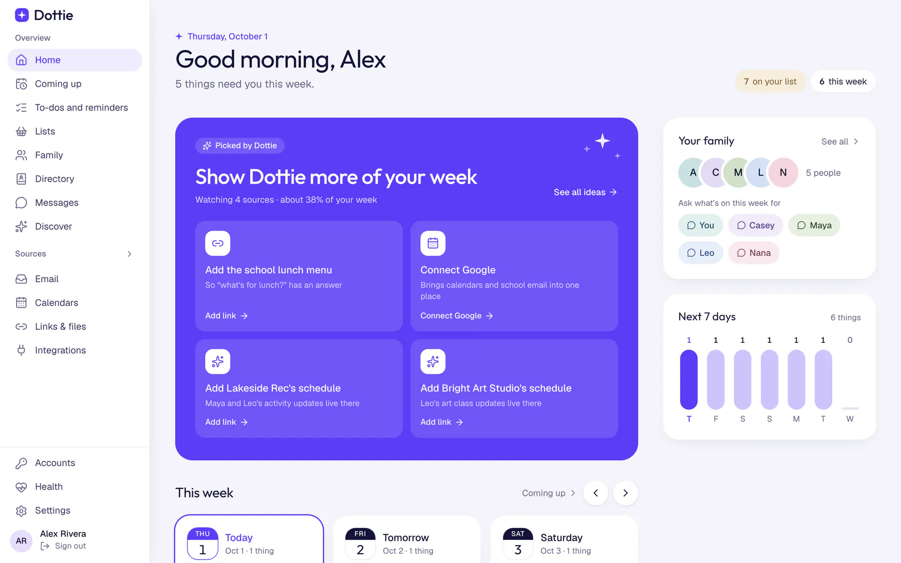 Dottie's home page for a sample family: "Good morning, Alex", ideas for what to add next like the school lunch menu, the five people in the family, and how busy the next seven days are.