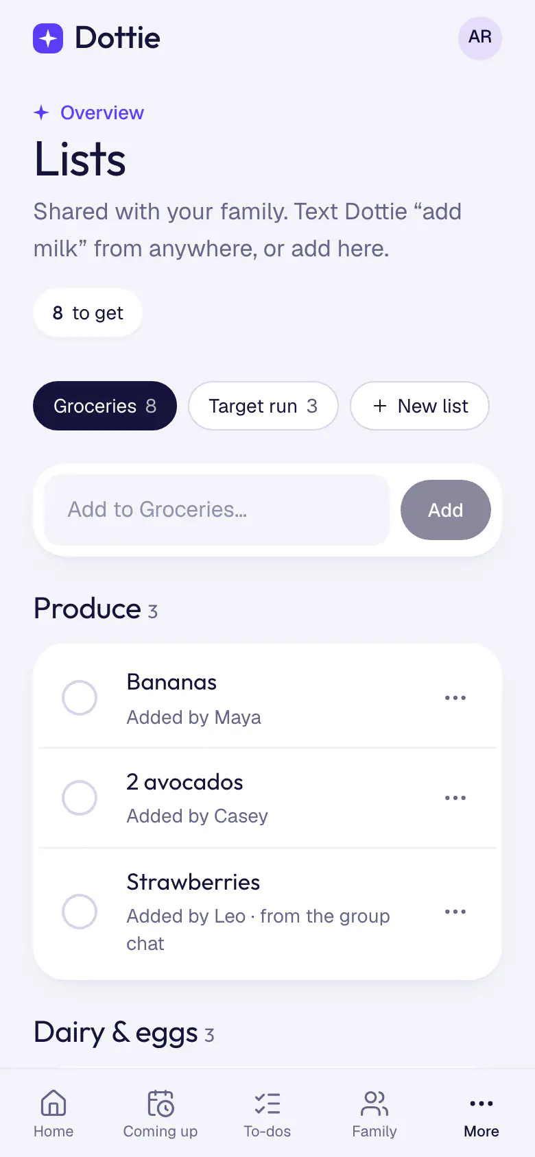 The shared grocery list on a phone: Groceries with 8 to get, sorted into Produce and Dairy & eggs, and who added each item, like bananas from Maya and strawberries Leo added from the group chat.